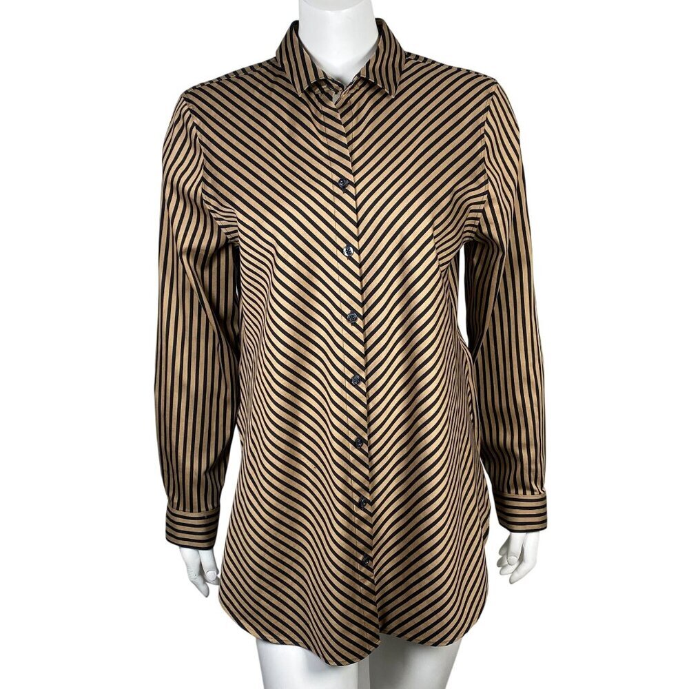 Chicos No Iron Button Up Tunic Shirt Womens Size 8 Long Sleeve Diagonal Stripes